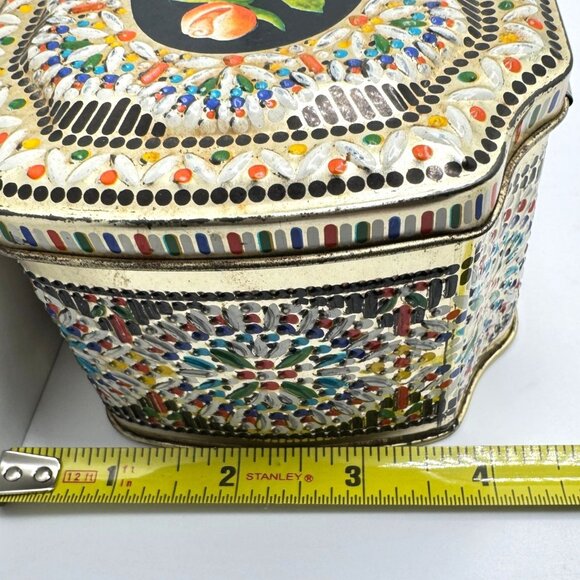 Embossed Vtg Floral Mosaic Treat Trinket Tin Hinged Lid Litho Design England - Picture 2 of 9